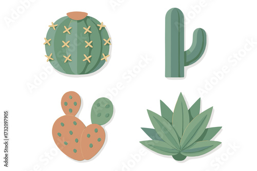 Stylized desert plants featuring various cacti and succulents in a modern paper cut craft design on white background