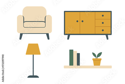 Stylish contemporary home interior with furniture and decor elements: armchair, cabinet, floor lamp, shelf, books, plant