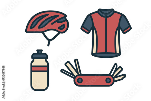 Essential cycling gear including a protective helmet, performance jersey, hydration bottle, and compact multi-tool for bike repairs