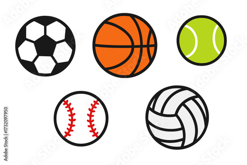 Set of iconic sports balls for popular games like soccer, basketball, tennis, baseball, and volleyball