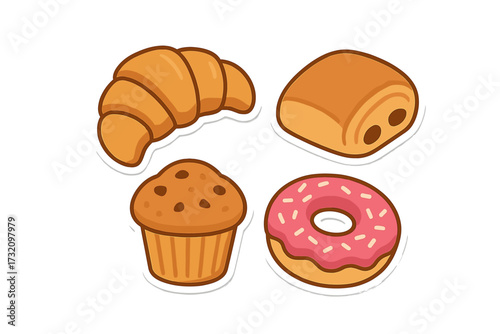 Delicious variety of classic breakfast pastries including croissant, muffin, donut, and chocolate pastry