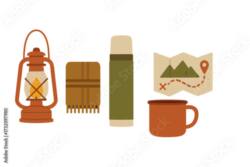 Camping and outdoor adventure gear essentials: classic lantern, folded map, insulated thermos, warm scarf, and durable mug
