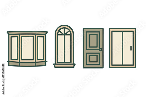 Architectural windows and doors including bay, arched, panel, and sliding styles for building and home design