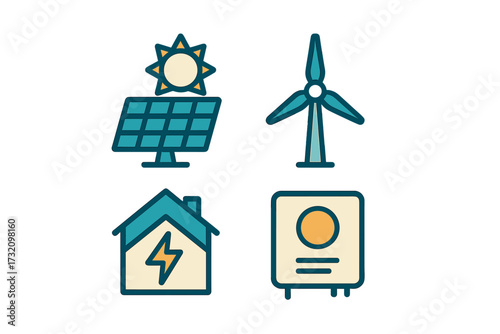 Renewable energy sources and sustainable power generation icons set with solar panel, wind turbine, electric house, and battery storage