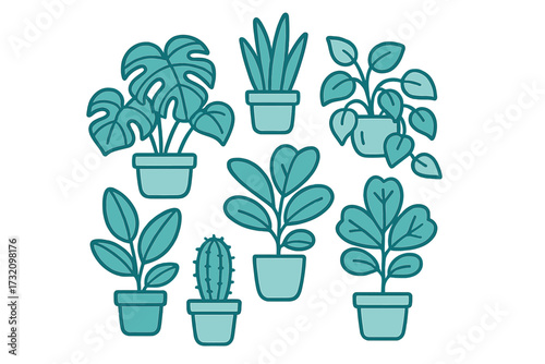 Diverse collection of popular indoor potted houseplants and a succulent cactus in a modern flat design style with teal and blue accents