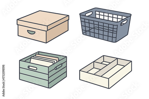 Variety of household and office storage solutions featuring cardboard boxes, plastic baskets, and drawer dividers
