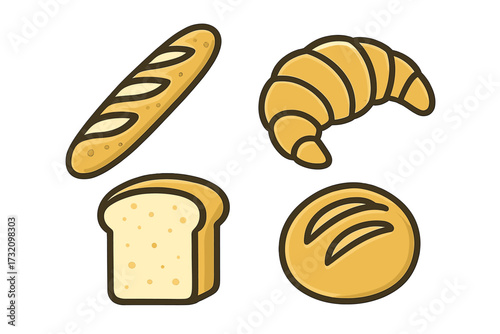 Collection of fresh baked goods including a golden baguette, flaky croissant, sliced sandwich bread, and rustic round loaf