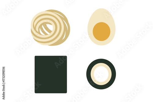 Essential Japanese ramen soup ingredients including noodles, a halved egg, and dried seaweed on white
