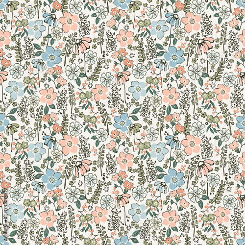 Vintage seamless floral pattern. Liberty style background of small pastel colorful flowers. Small flowers scattered over a white background. Stock vector for printing on surfaces. Ditsy flowers