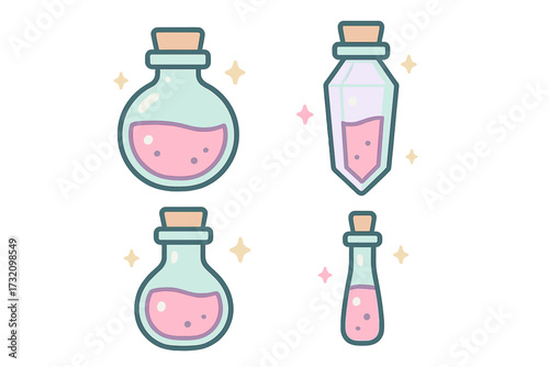 Stylized magical potion bottles with pink liquid and cork stoppers for fantasy, alchemy, and witchcraft