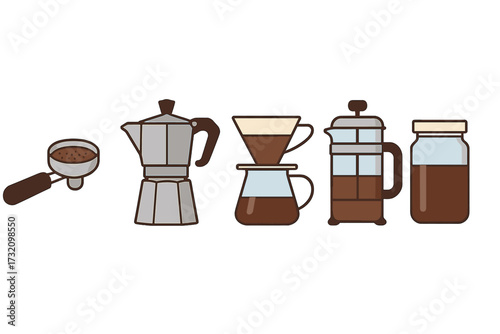Different coffee brewing methods and equipment including moka pot, pour over, French press, and cold brew
