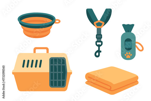Collection of essential pet travel and care accessories including carrier, collapsible bowl, safety harness, and blanket