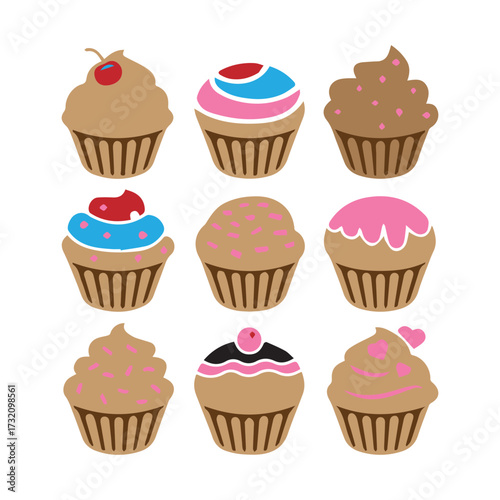Nine Assorted Decorative Cupcakes with Frosting and Toppings