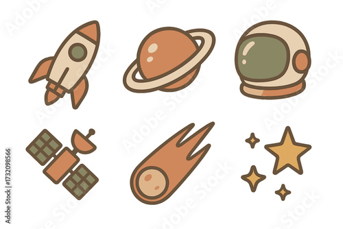 Outer space exploration elements featuring a rocket, Saturn, astronaut helmet, satellite, meteor, and sparkling stars