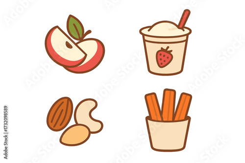 Assortment of healthy food and snack icons featuring apple, strawberry smoothie, assorted nuts, and carrot sticks for balanced nutrition