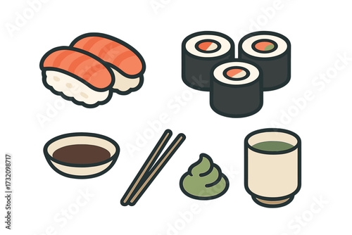 Vibrant Japanese sushi, maki, nigiri, soy sauce, wasabi, chopsticks, and hot green tea collection