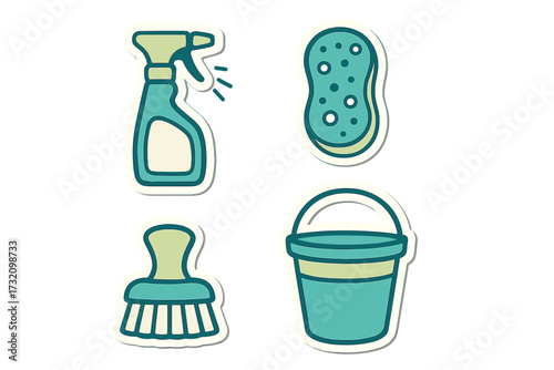 Household cleaning supplies set with spray bottle, sponge, brush, and bucket for domestic hygiene tasks