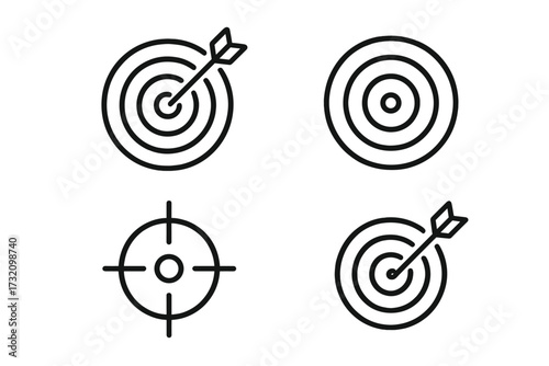 Aim and target line icon set. Vector outline signs for success, goals, and precision. Dartboard, bullseye, and crosshair symbols for web design, apps, and business strategy.