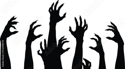 Scary zombie hands silhouette raised in horror pose, black creepy arm vector illustration, spooky Halloween design, isolated scary graphic