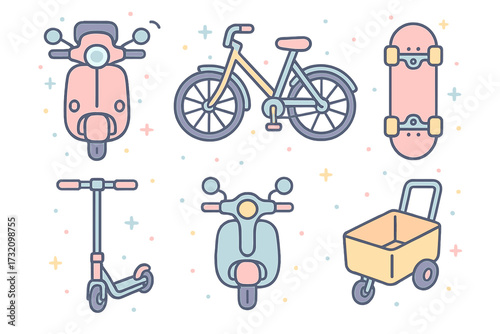 Stylized collection of urban transportation vehicles and a utility cart in soft pastel colors