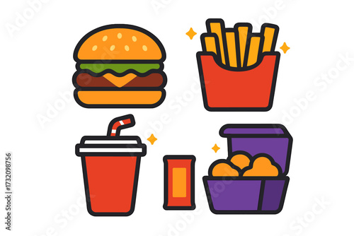 Classic fast food meal with hamburger, crispy golden french fries, refreshing soda drink, and delicious chicken nuggets