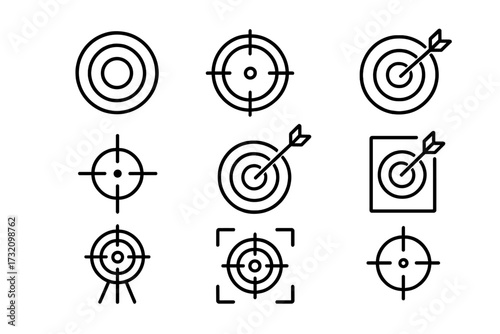 Target line icon set. Aiming dartboard, crosshair and bullseye. Business goal, mission, success and focus concept. Simple outline pictograms for UI, UX, web and apps.