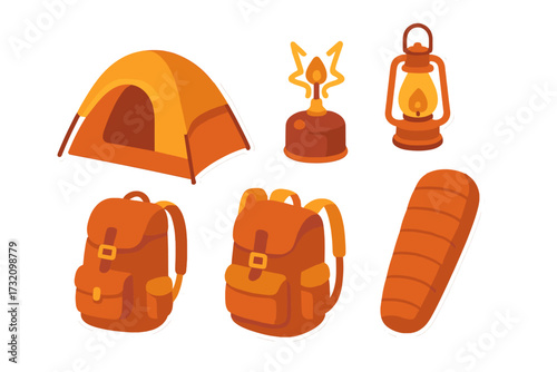 Essential camping and hiking equipment for outdoor adventures featuring tent, backpacks, stove, lantern, and sleeping bag