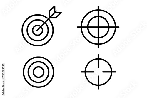 Target and aim line icon set. Business goal, strategy, and success concept. Vector outline collection with bullseye, arrow, dart, and crosshair symbols for web and apps.