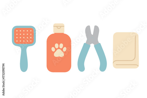 Essential pet grooming tools set including brush, shampoo, nail clippers, and towel for comprehensive animal care and hygiene