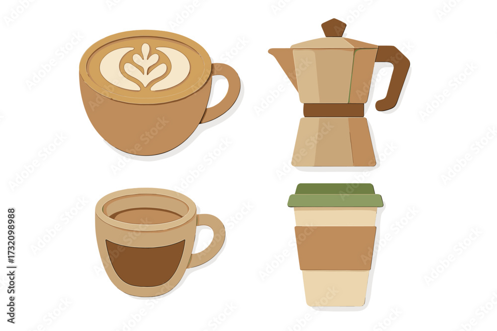 Obraz premium Collection of coffee cups, latte art, and moka pot in modern layered paper cut style on a clean white background