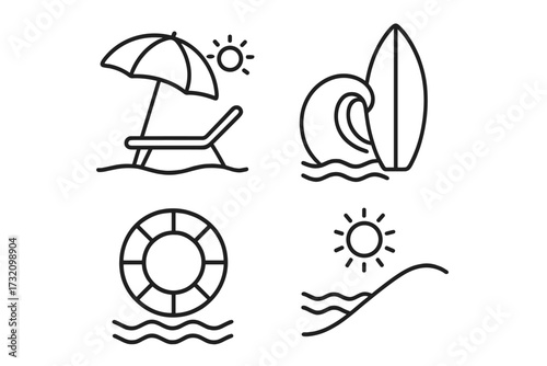 Summer beach line icon set. Minimalist vector collection for vacation and travel concepts. Includes surfboard, ocean wave, sun lounger, lifebuoy. Simple outline design elements.