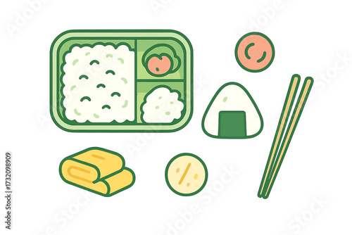 Assortment of traditional Japanese bento box lunch items including rice, onigiri, tamagoyaki, and chopsticks