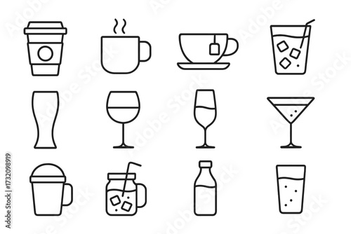 Beverage and drink line icon pack. Vector outline symbols for coffee, tea, juice, cocktail, wine, beer, soda. Simple glass, cup, mug signs for web, app, menu, graphic design.