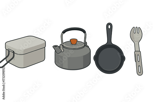 Essential camping cookware set with mess kit, kettle, frying pan, and spork for outdoor adventures