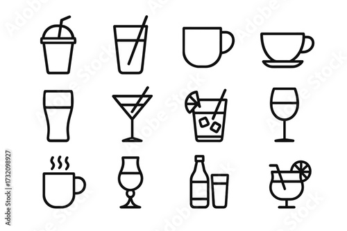 Beverage and drink line icon pack. Thin outline symbols for graphic and web design. Vector collection of coffee, cocktail, wine, beer, juice, and soda glass signs for a menu.