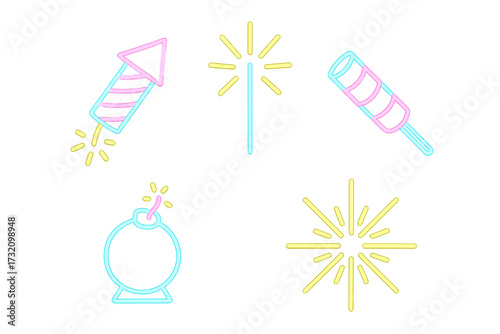 Vibrant neon light effects of festive fireworks, rockets, sparklers, and bombs for various holiday and celebration events