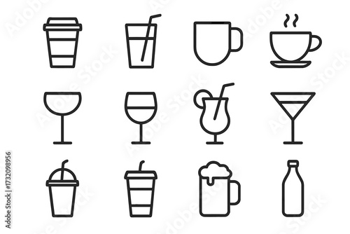 Beverage line icon set. Drink outline icons for graphic design, web, apps. Vector symbols for coffee, tea, beer, wine, juice, cocktail, soda. Minimalist pictogram collection.