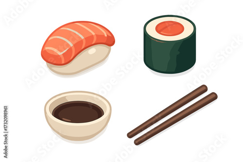 Delicious Japanese sushi set featuring fresh salmon nigiri, a classic maki roll, savory soy sauce, and traditional wooden chopsticks