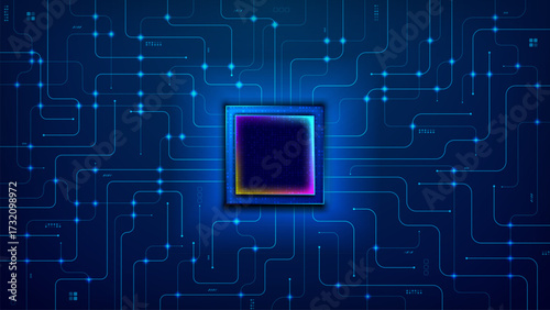circuit board, motherboard with microprocessor, AI chip, semi conductor with connection paths in blue technology futuristic digital background template   