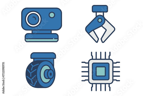 Essential elements for modern robotics and artificial intelligence systems including camera, gripper, wheel, and microchip