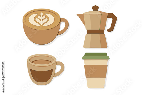 Collection of coffee cups, latte art, and moka pot in modern layered paper cut style on a clean white background