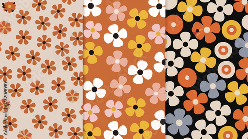 Retro Floral Patterns in Warm Earth Tones and Bold Contrasts vintage seamless
