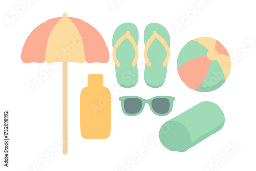 Collection of summer beach vacation essentials including umbrella, flip-flops, ball, sunscreen, sunglasses, and towel