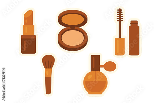 Stylized collection of essential beauty products and cosmetic items for personal care and daily makeup routine