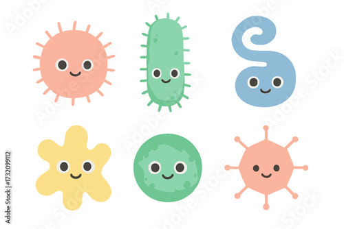 Adorable smiling cartoon microorganisms including bacteria and viruses with friendly faces and soft watercolor texture on white background