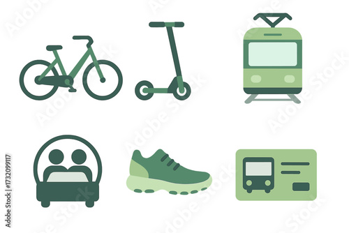 Contemporary graphic symbols for sustainable urban transportation, active lifestyle, and public transit solutions