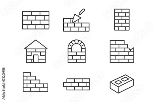 Building line icon pack with brick wall outline signs. Construction and masonry concept with trowel and bricks. Vector illustration for web design, apps, and architecture.