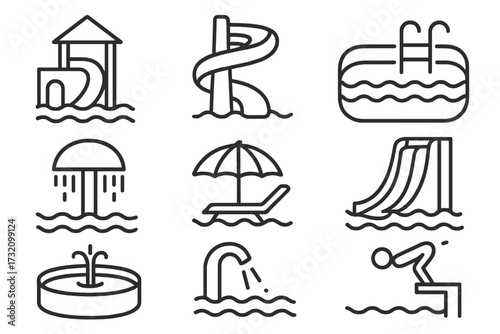 Water park line icon set. Aquapark vector pictograms collection. Summer vacation and outdoor recreation symbols. Water slides, swimming pool, fountain, diving, beach umbrella.