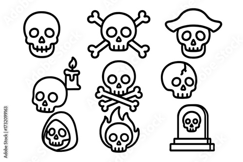 Set of death and danger line icons. Skulls, pirate, jolly roger, grim reaper, tombstone symbol. Outline vector signs for web design, apps, and graphic resources. Halloween.