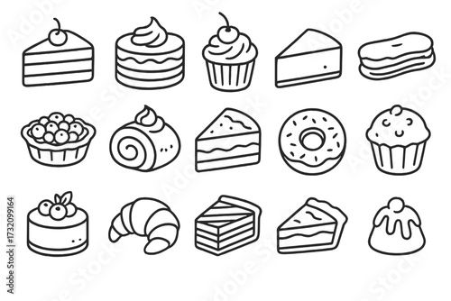 Dessert and pastry line icon set. Bakery, cake, sweet food collection. Vector outline symbols for cafe menu design. Includes cupcake, donut, pie slice, croissant, roll, tart.